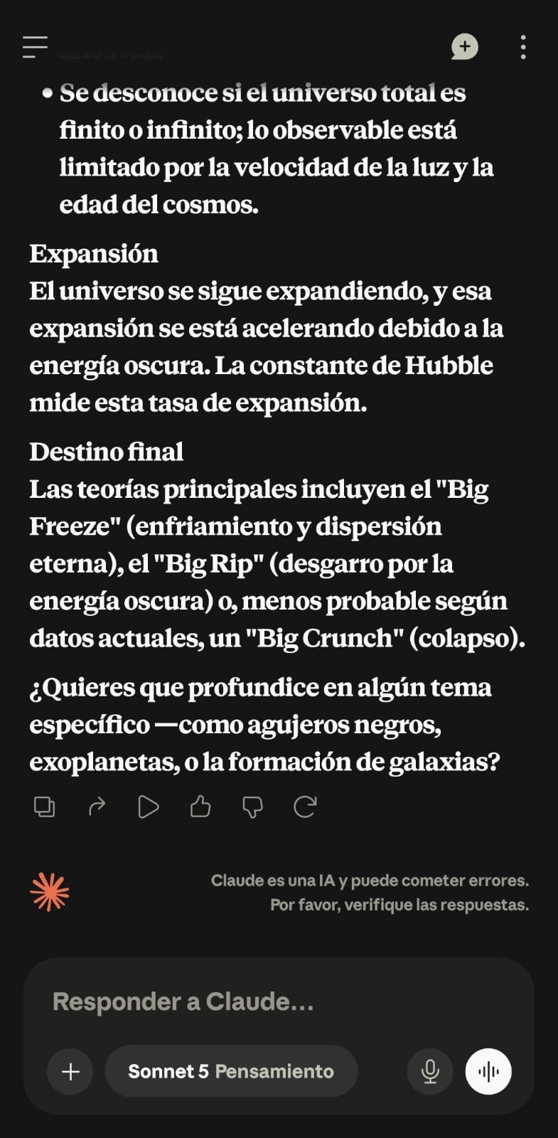Respuesta de Claude sobre la expansión y el destino del universo